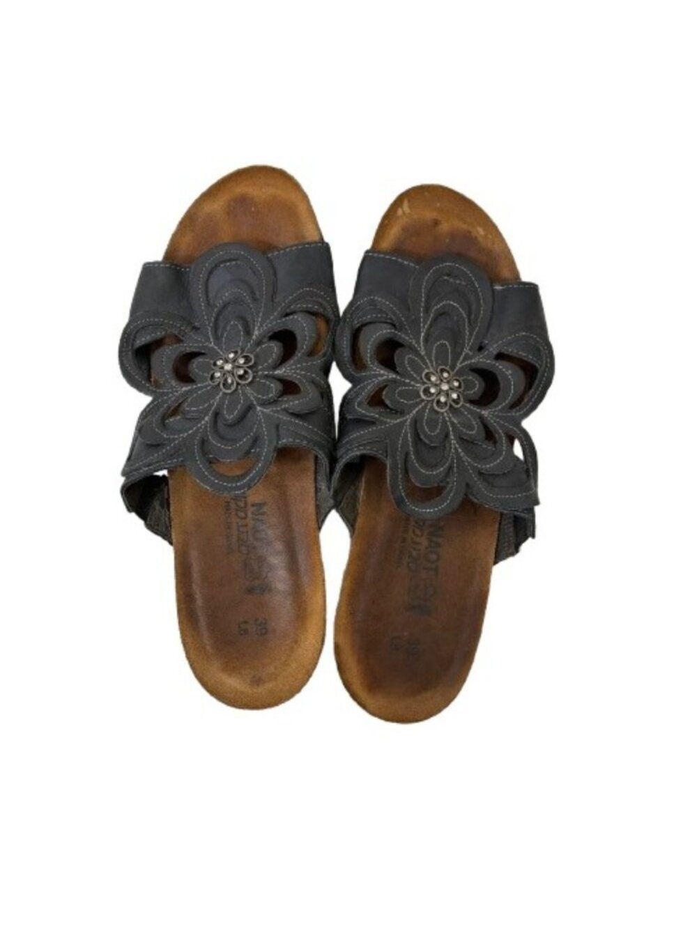Naot Sandy Brushed Black Leather Flower Slide Sandals 39 US 8